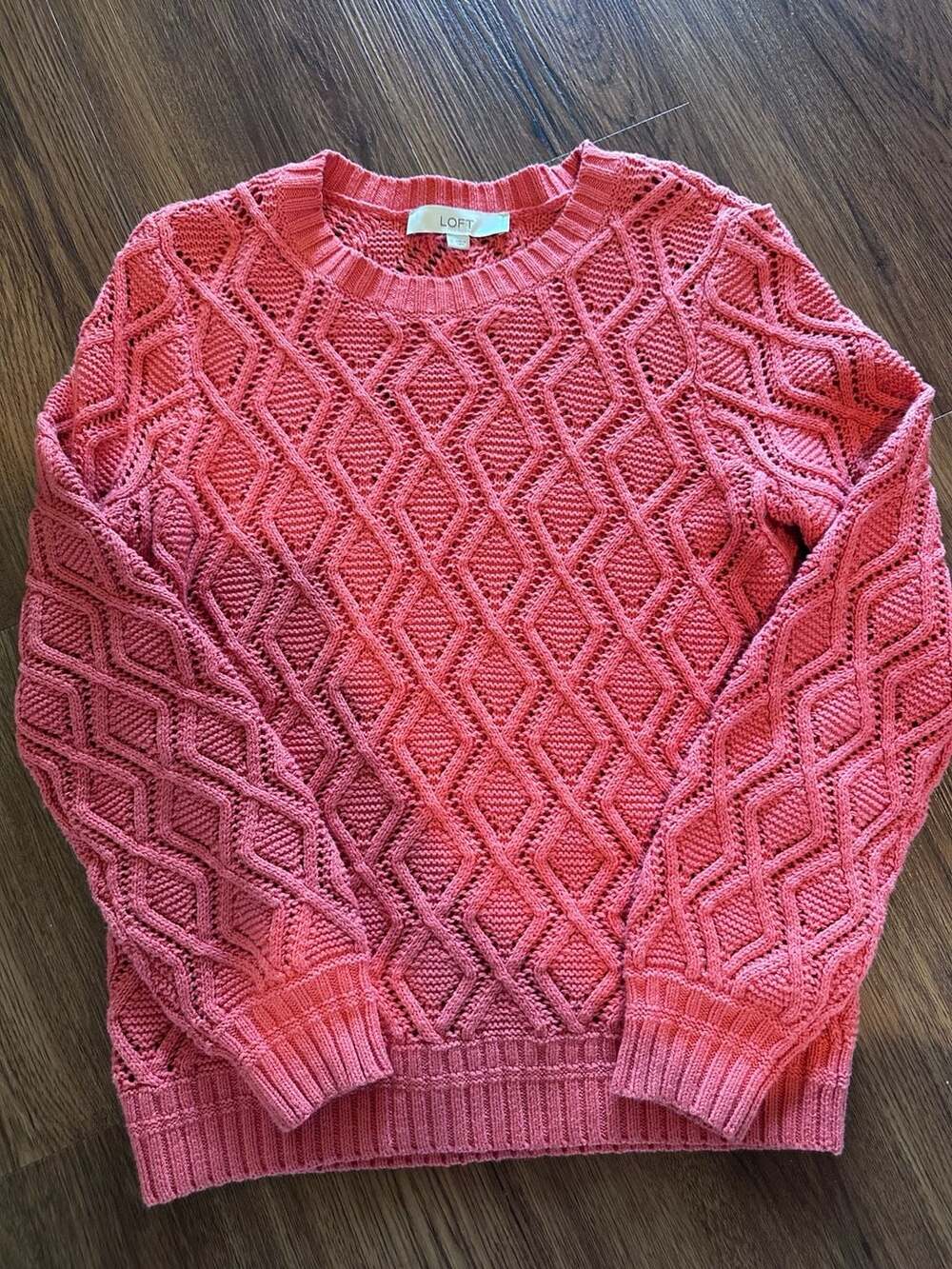LOFT Pointelle Cable Knit Sweater Size S Pink Crewneck Pullover